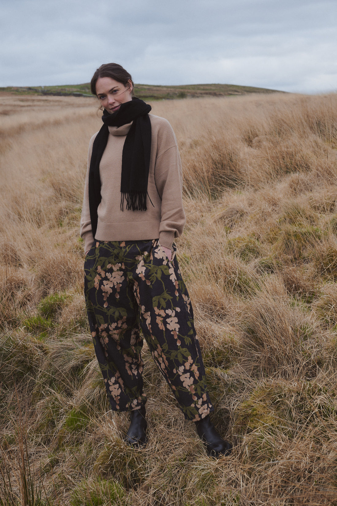 Barrel Corduroy Cotton Velvet Trousers in Wisteria Print by One Hundred Stars - BPAWISBLK