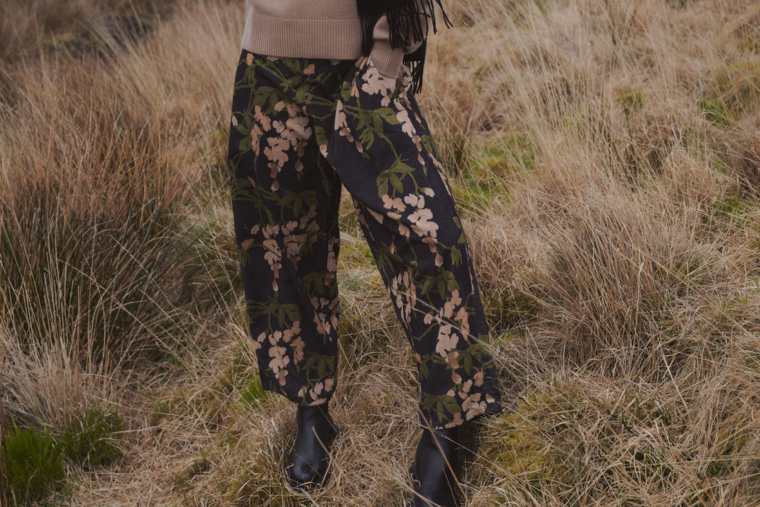 Barrel Corduroy Cotton Velvet Trousers in Wisteria Print by One Hundred Stars - BPAWISBLK