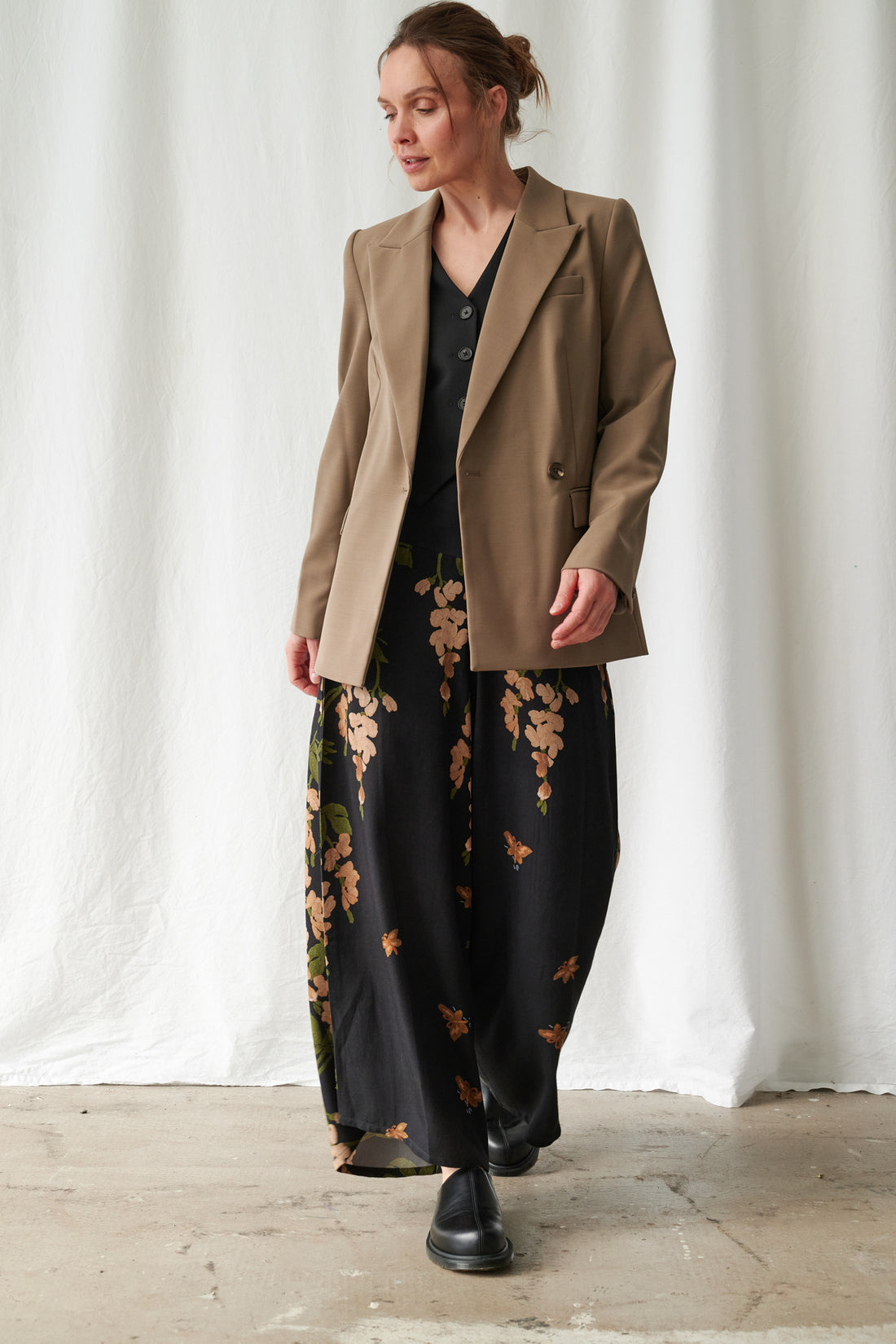 Tencel Palazzo Trousers in Wisteria Black Print by One Hundred Stars - PPTWISBLK