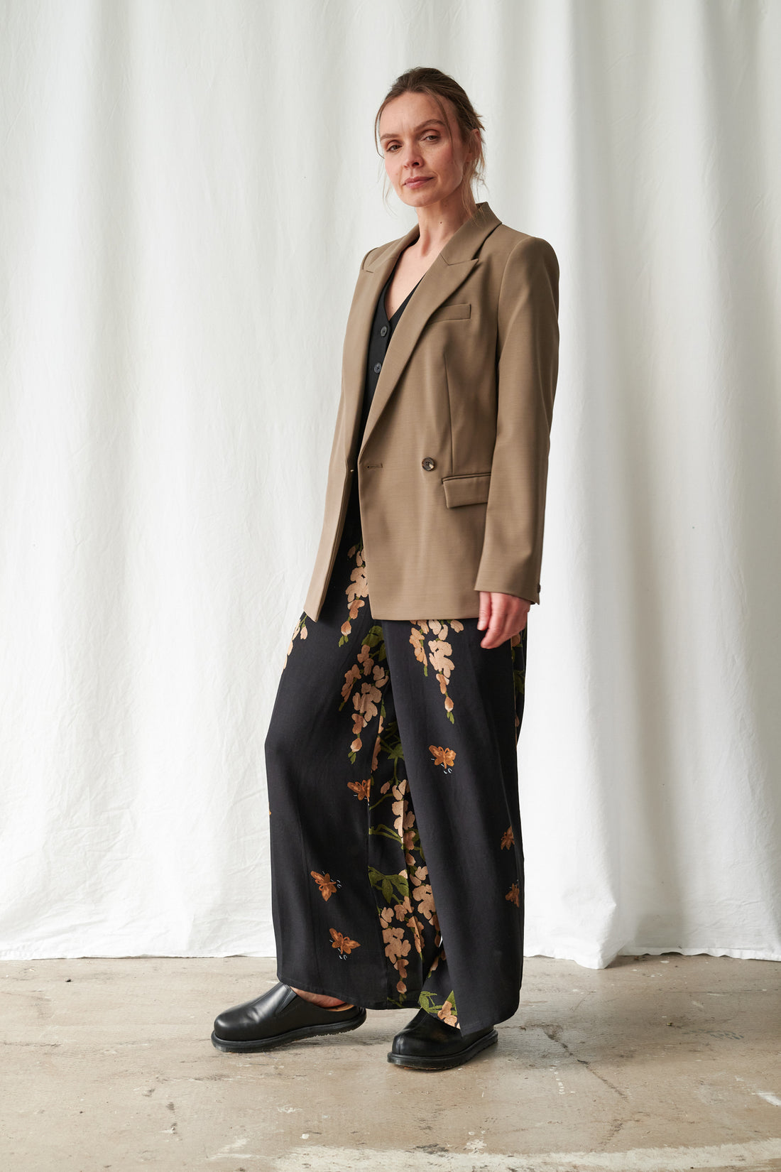 Tencel Palazzo Trousers in Wisteria Black Print by One Hundred Stars - PPTWISBLK