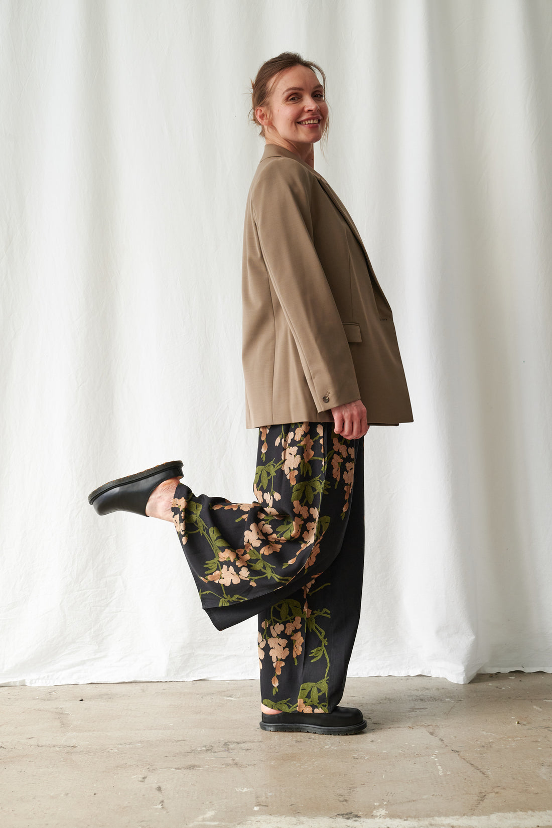 Tencel Palazzo Trousers in Wisteria Black Print by One Hundred Stars - PPTWISBLK