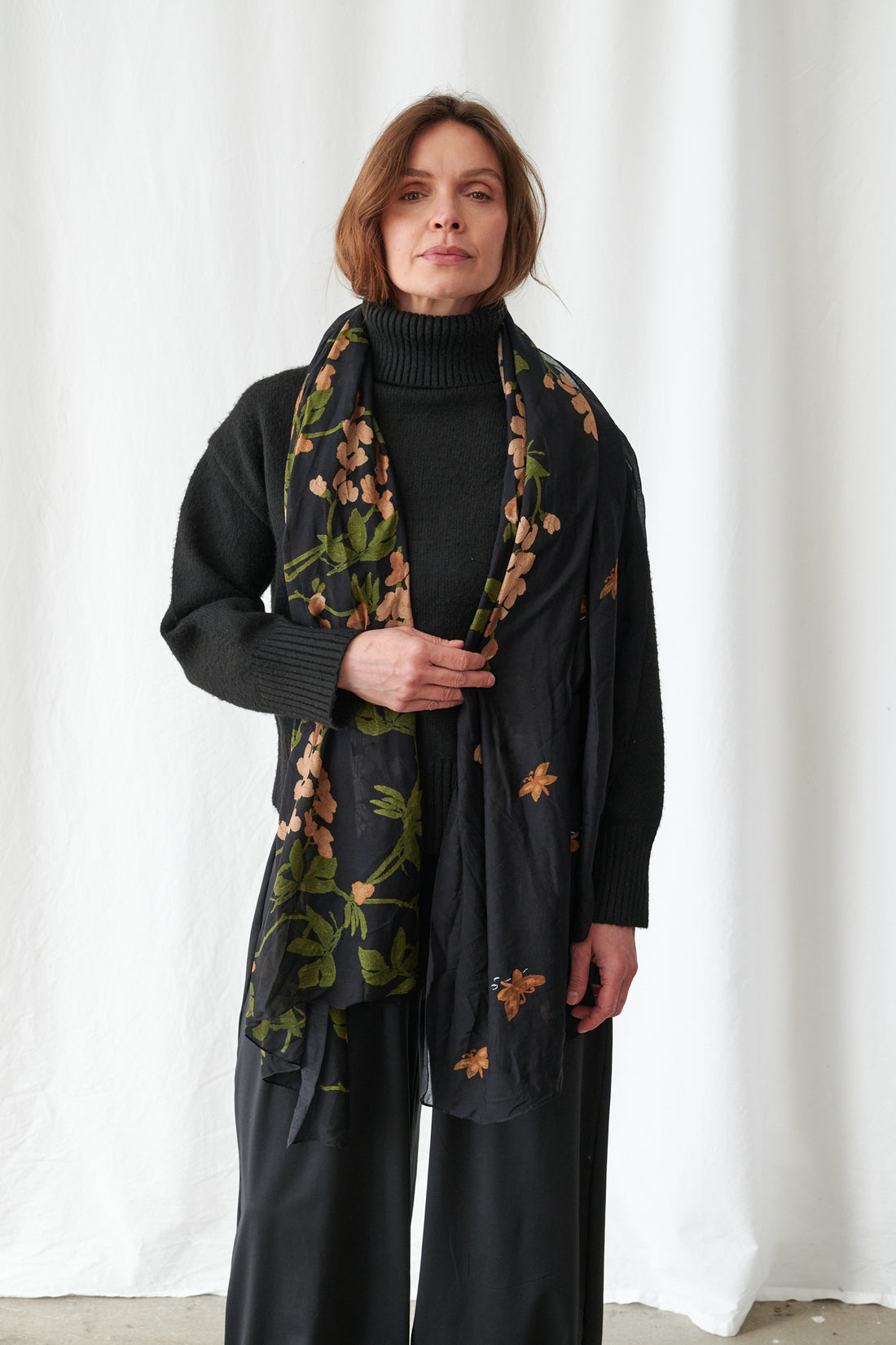 Printed Scarf in Black Wisteria Print by One Hundred Stars - SCAWISBLK