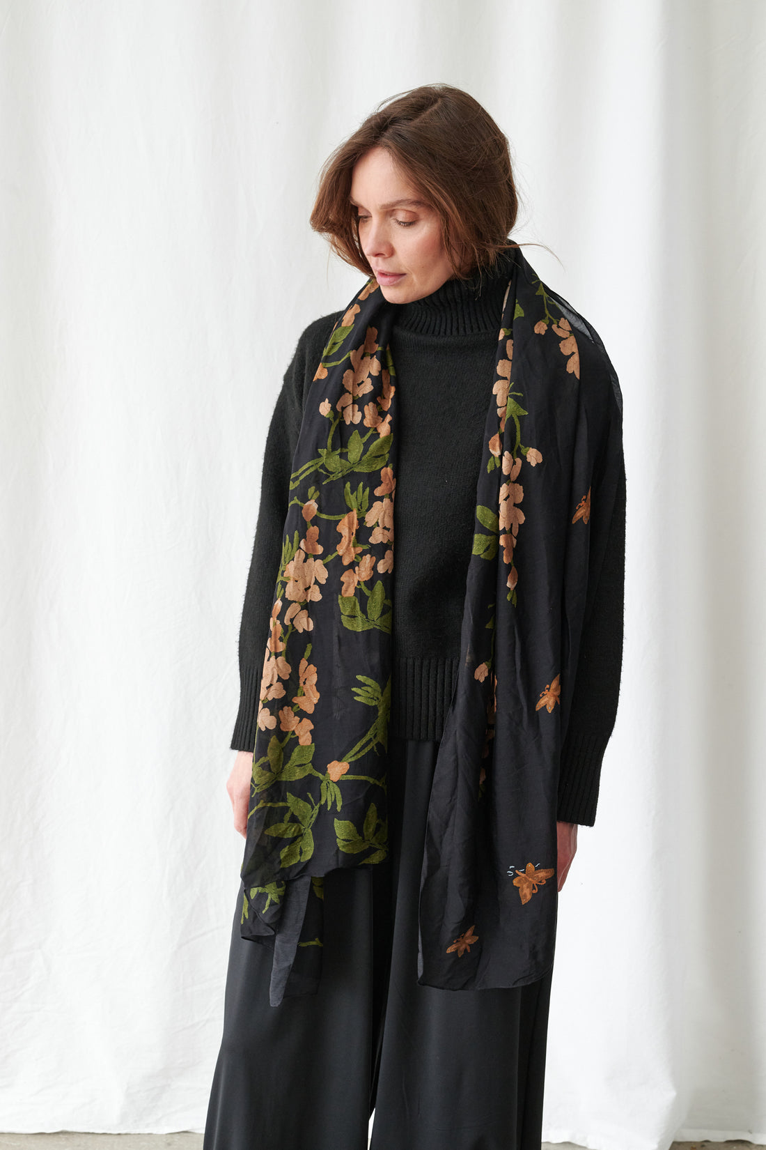 Printed Scarf in Black Wisteria Print by One Hundred Stars - SCAWISBLK