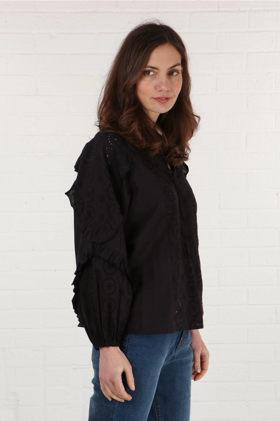 Kika Cotton Broderie Anglaise Blouse with Frill Sleeve in Black