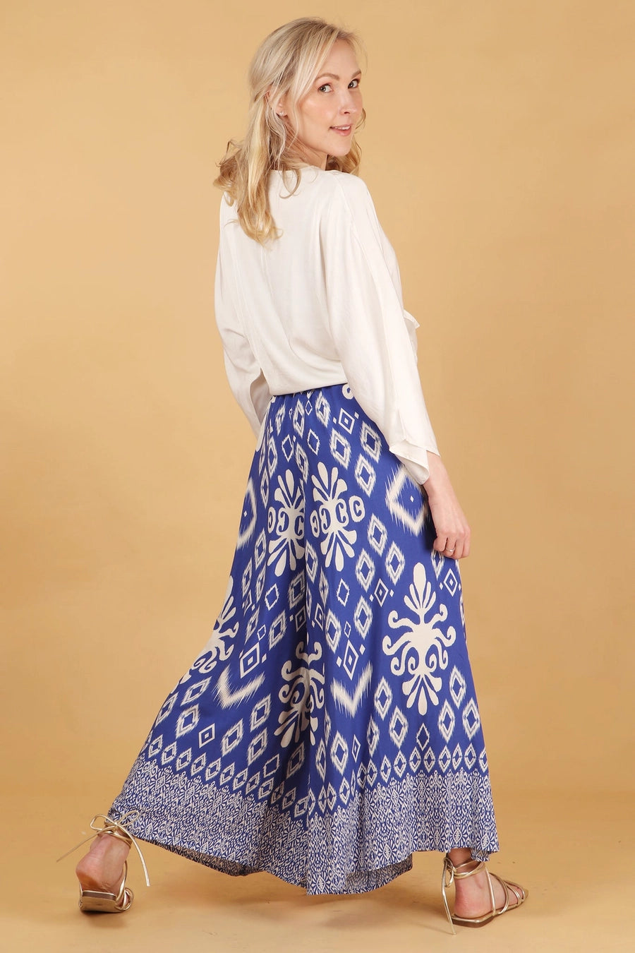 Ela Ikat Print Wide Leg Palazzo Trousers in Blue and White