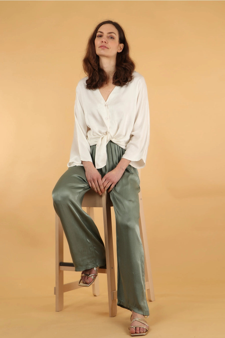 Coulda Silk Feel Textured Wide Leg Trousers in Sage Green