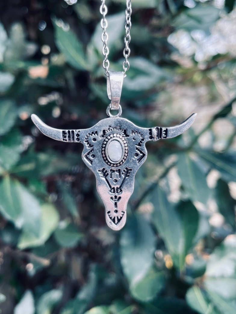 RANCH Silver Cow Head Necklace with Moonstone on Stainless Steel Chain