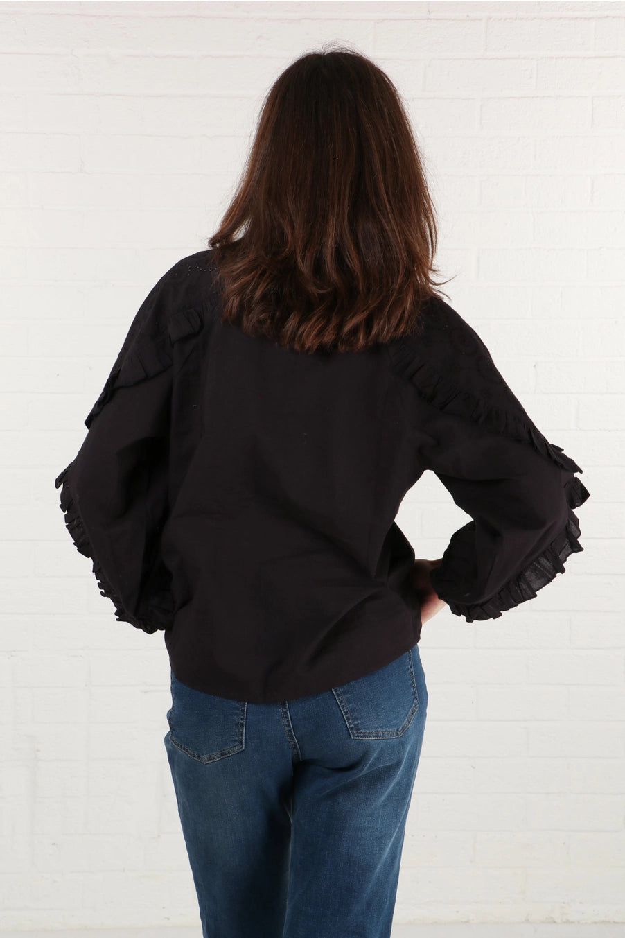 Kika Cotton Broderie Anglaise Blouse with Frill Sleeve in Black