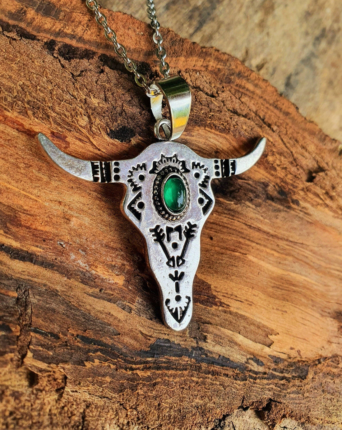 RANCH Silver Pendant Cow Necklace with Green Onyx Stone, Stainless Steel Chain