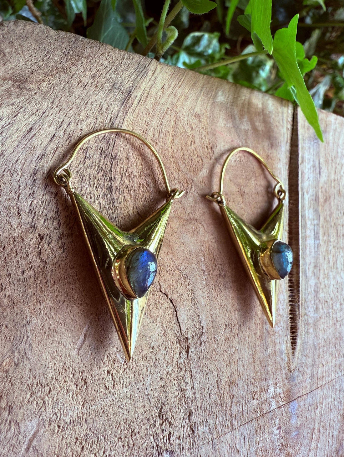 LEO Labradorite & Brass Triangle Earrings