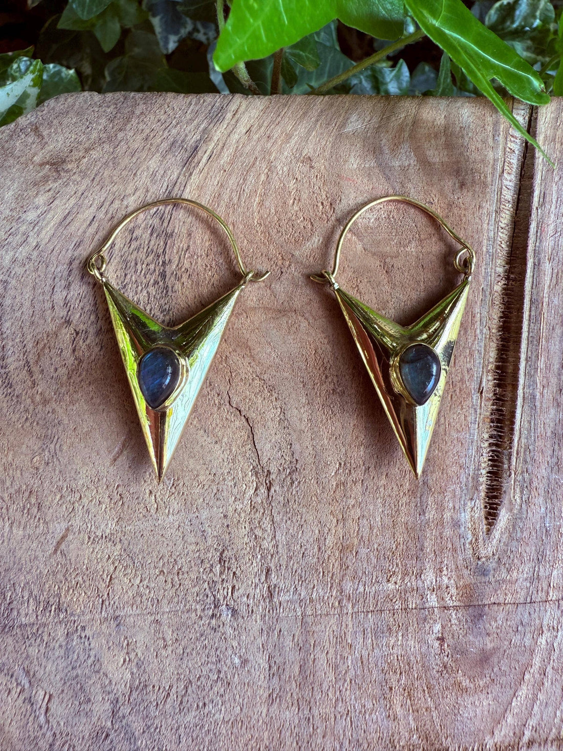 LEO Labradorite & Brass Triangle Earrings