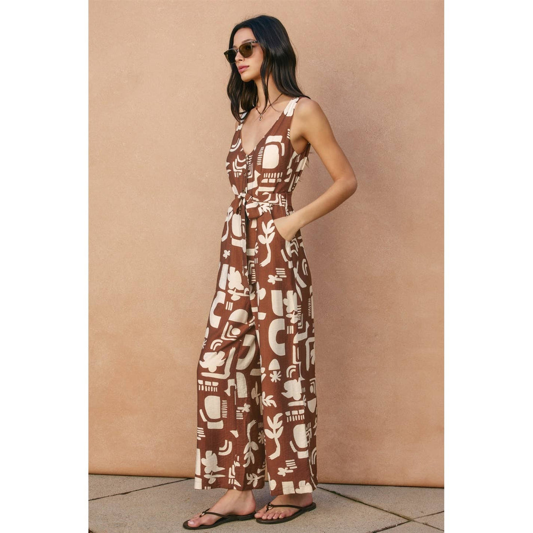 Sun & Clay Button Down Sash Belt Jumpsuit