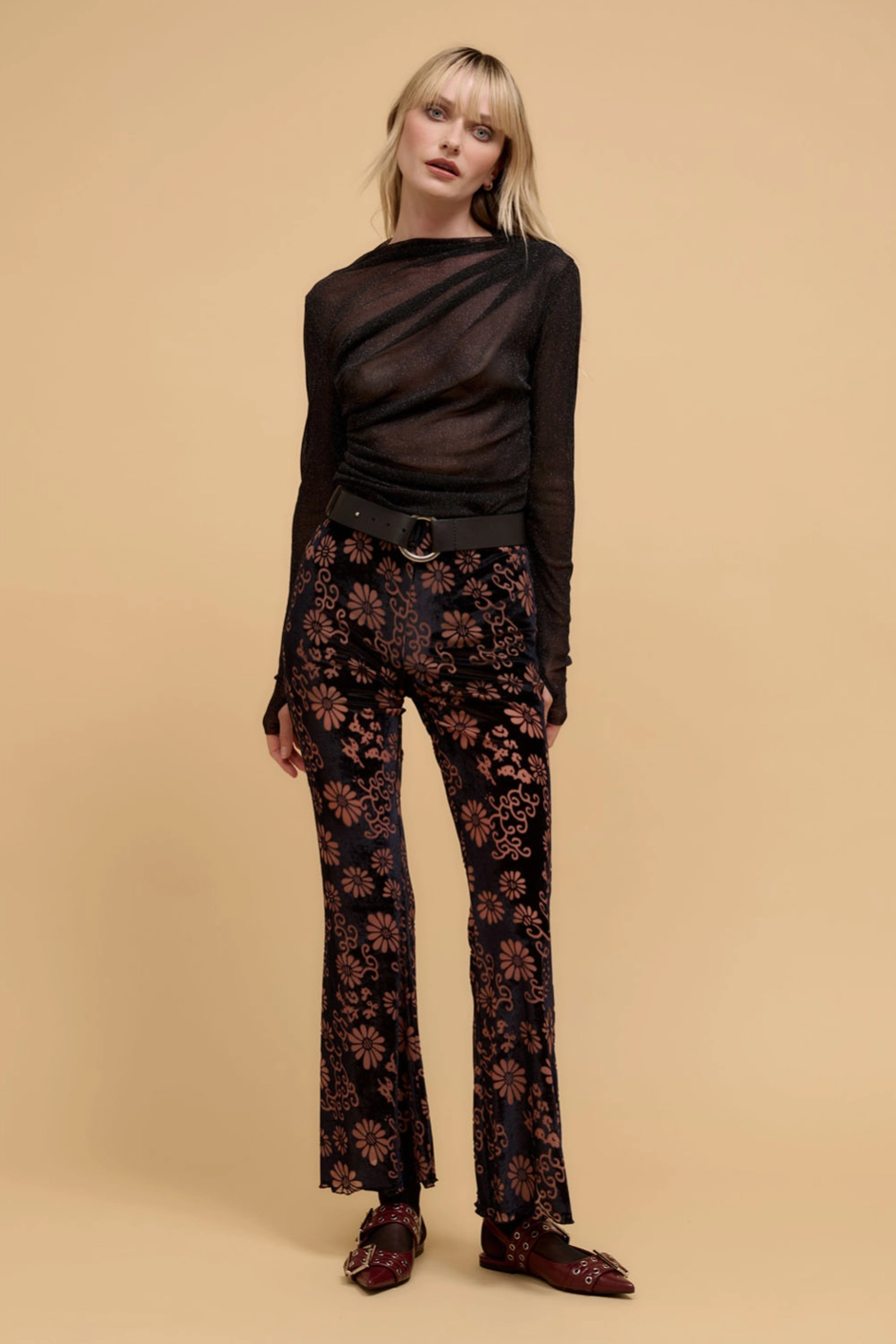 FINCH Burnout-Velvet Flared Trousers in Midnight Daisy