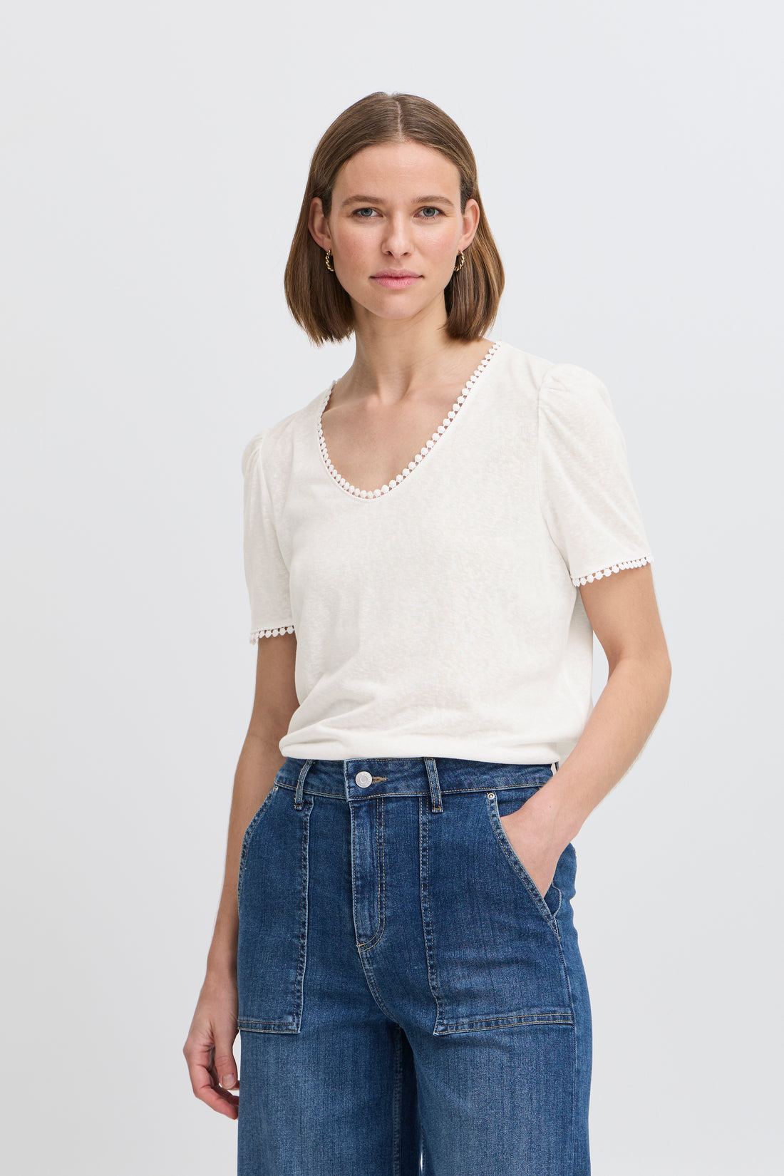 STEPHANIE Lace Trim Textured Top in White