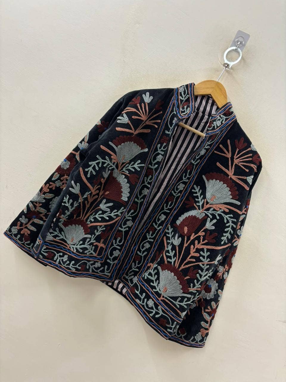 The Midnight Garden — Susani Hand-Embroidered Boho Velvet Jacket - Black with Dusty Rose, Slate & Burgundy