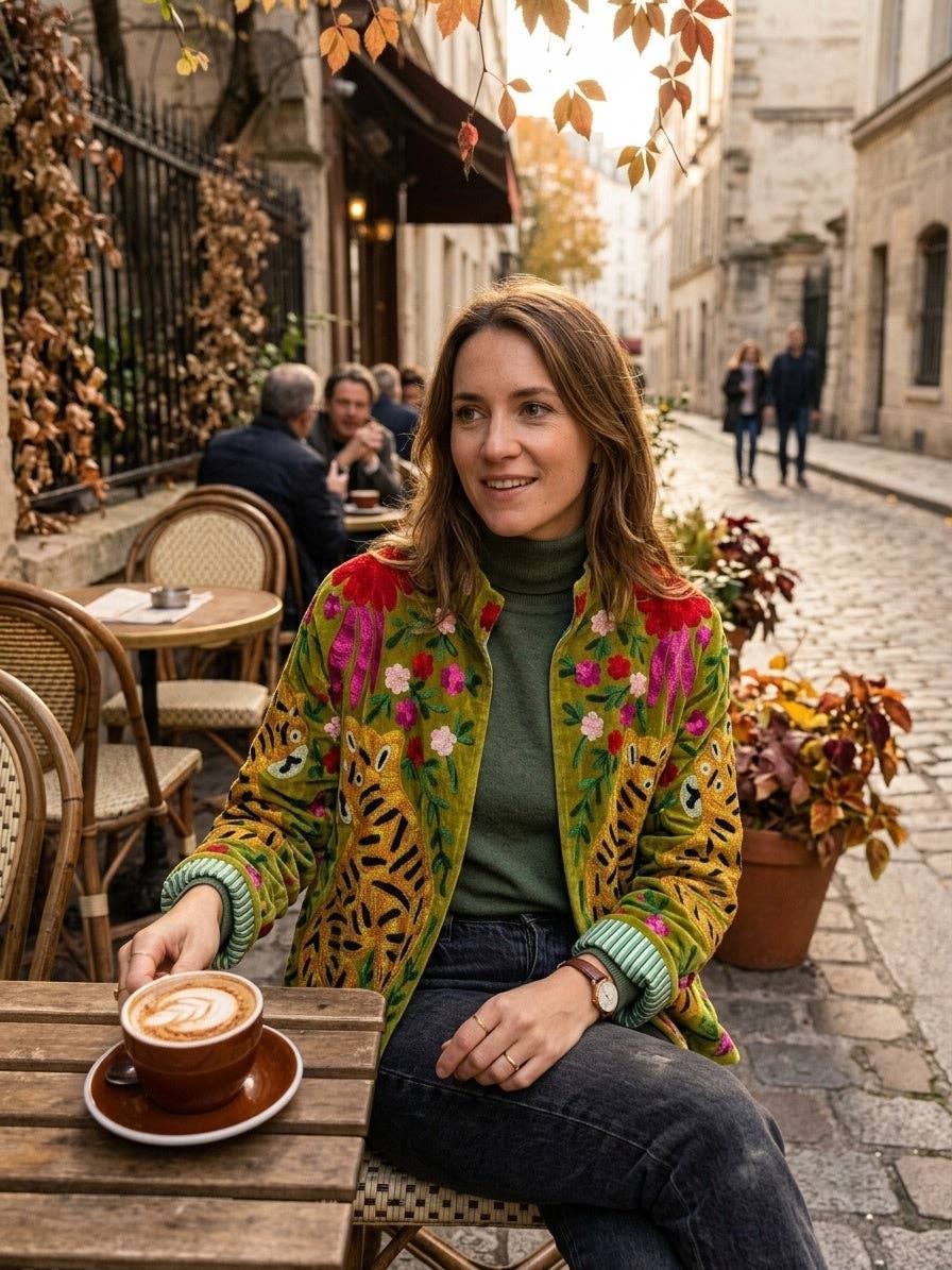 The Buford Susani — Hand-Embroidered Velvet Jacket in Moss Green
