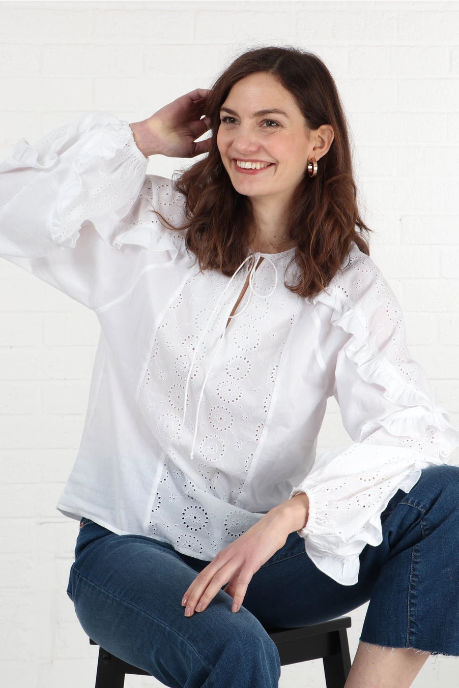 Kika Cotton Broderie Anglaise Blouse with Frill Sleeve in White