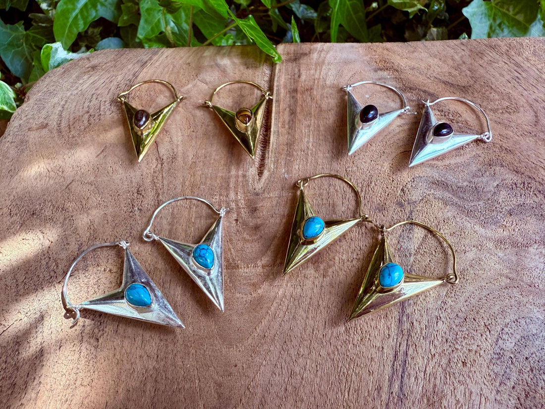 LEO Labradorite & Brass Triangle Earrings