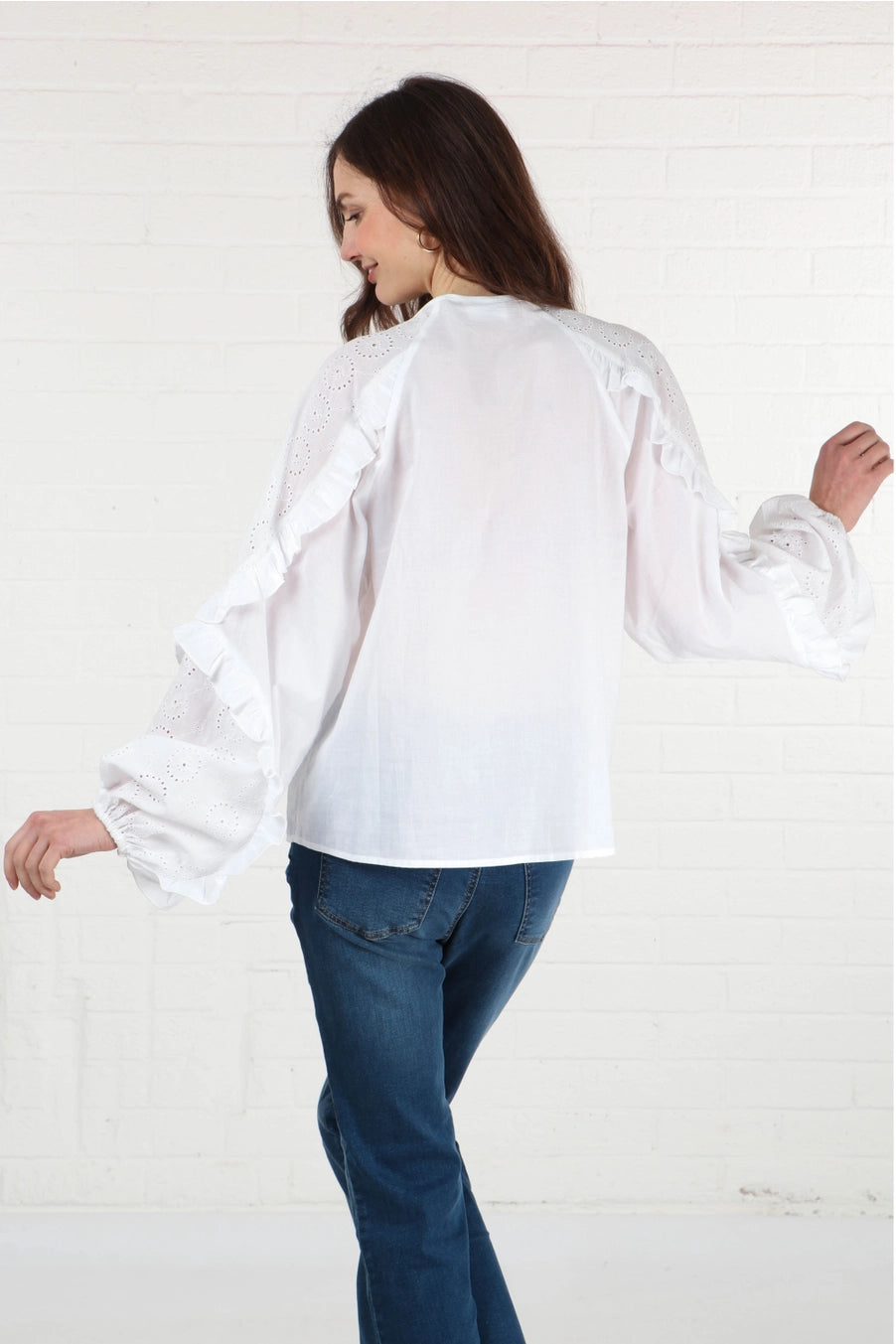 Kika Cotton Broderie Anglaise Blouse with Frill Sleeve in White
