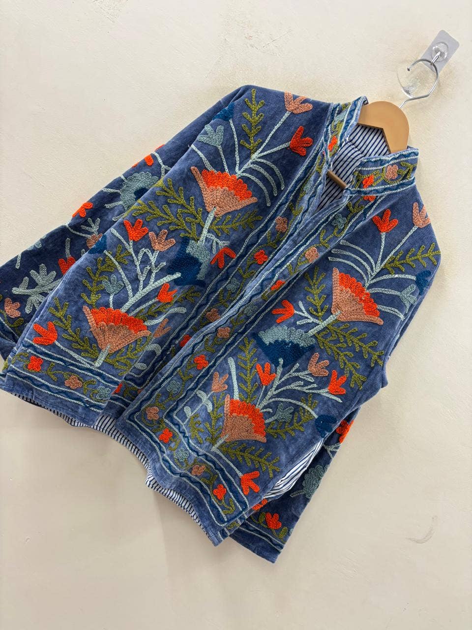 The Notts Jacket in Susani print Embroidered Velvet Jacket - Indigo Blue