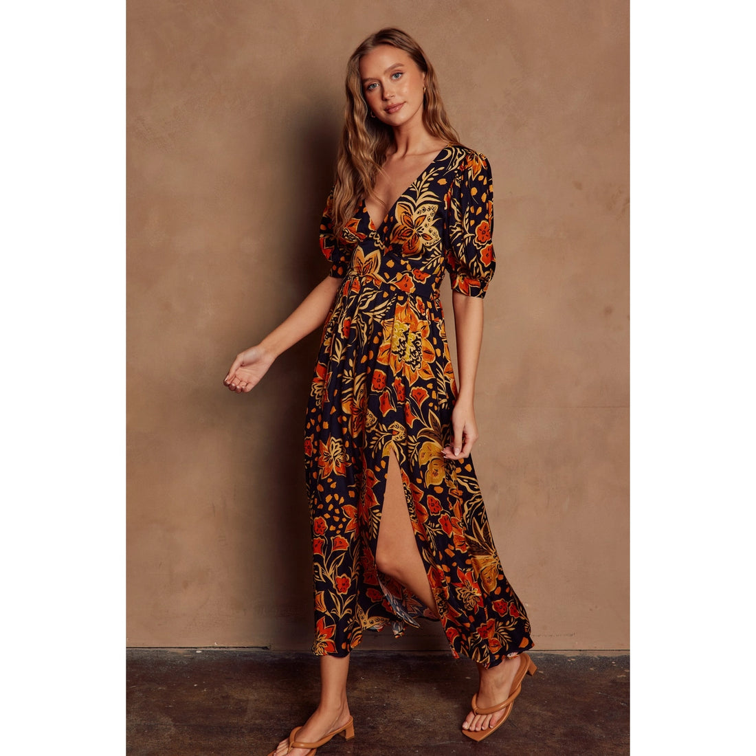 Heavenly Surplice Slit Maxi Dress in Floral Sunset Print