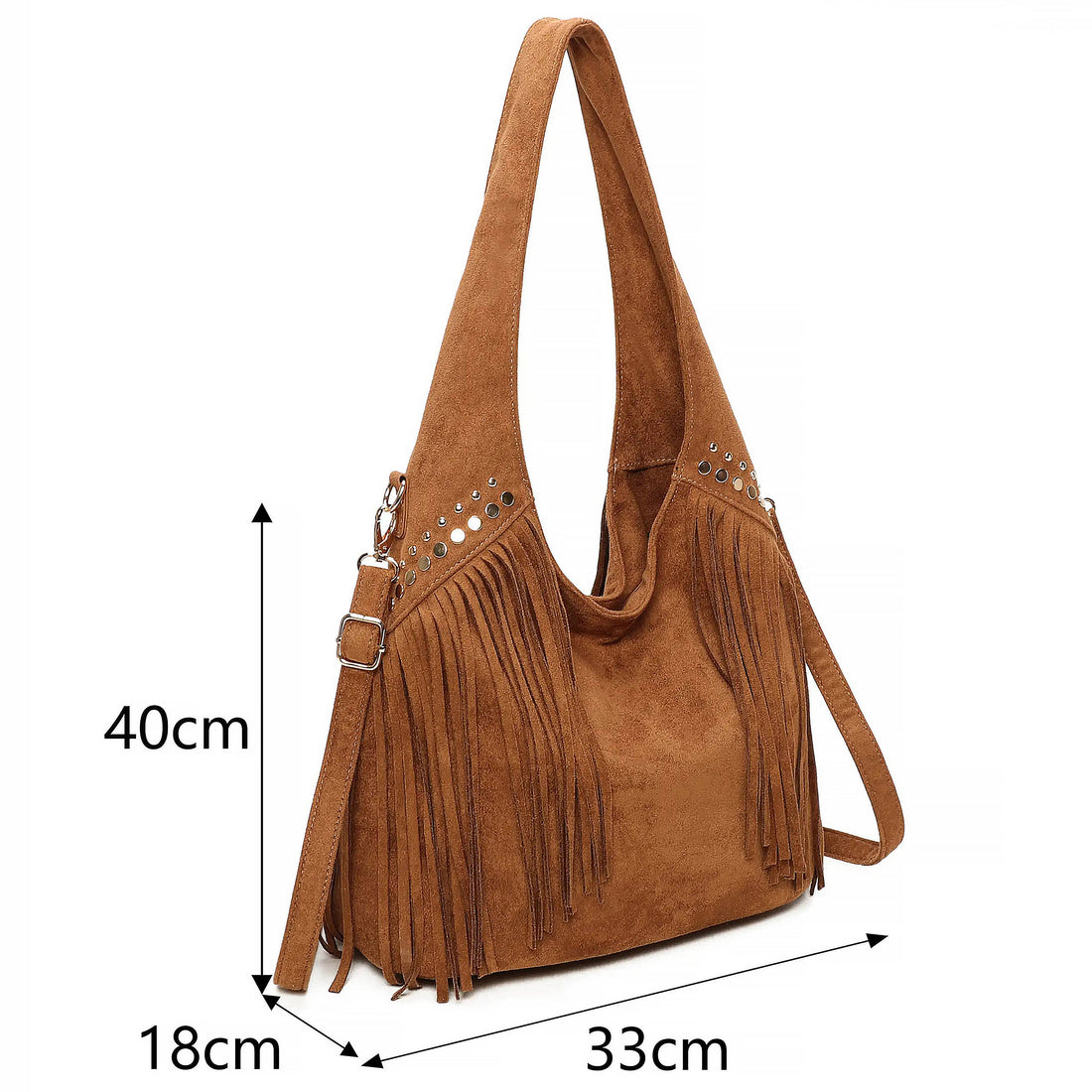LAINA Large Faux Suede Soft Fringe Studded Hobo Shoulder Bag