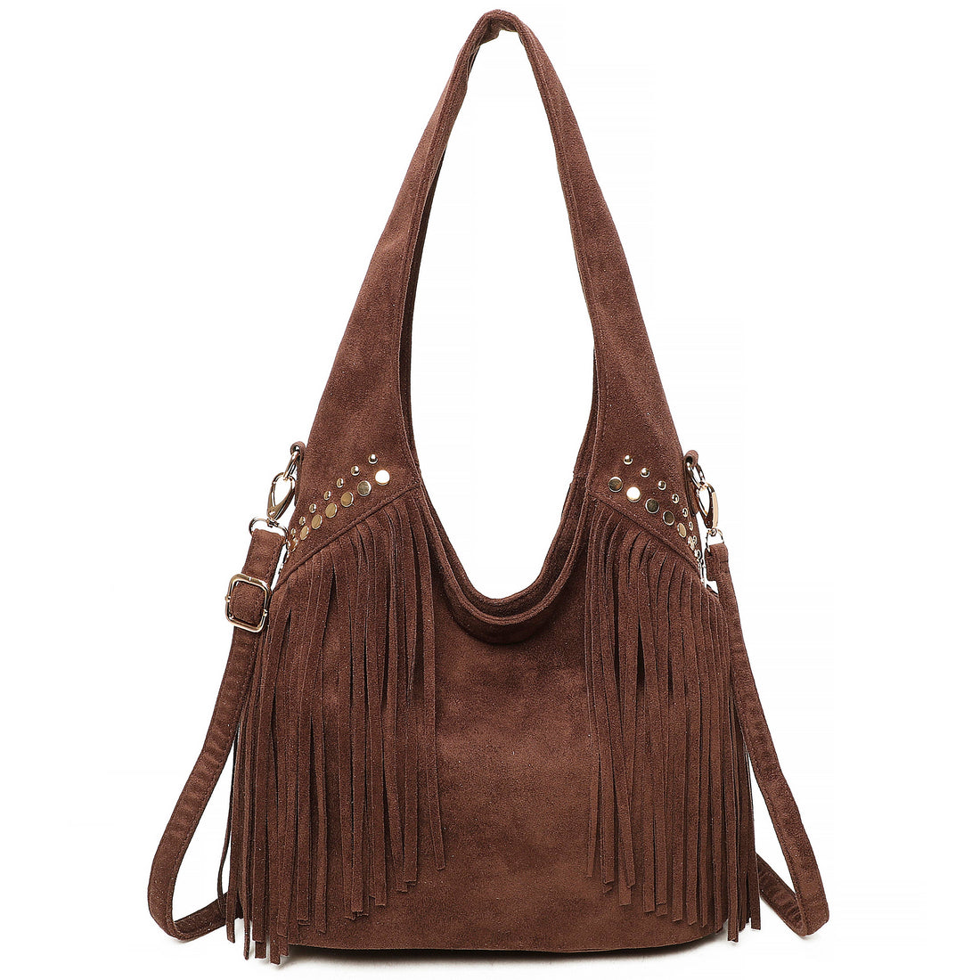 LAINA Large Faux Suede Soft Fringe Studded Hobo Shoulder Bag