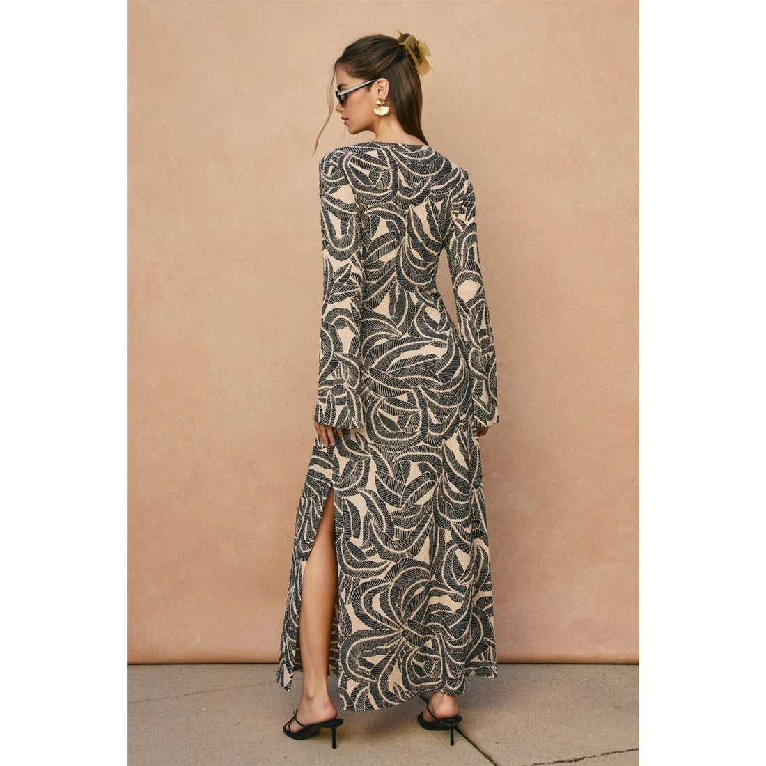 TIA Saltwater Blush Gold Bead Bell Sleeve Maxi Dress