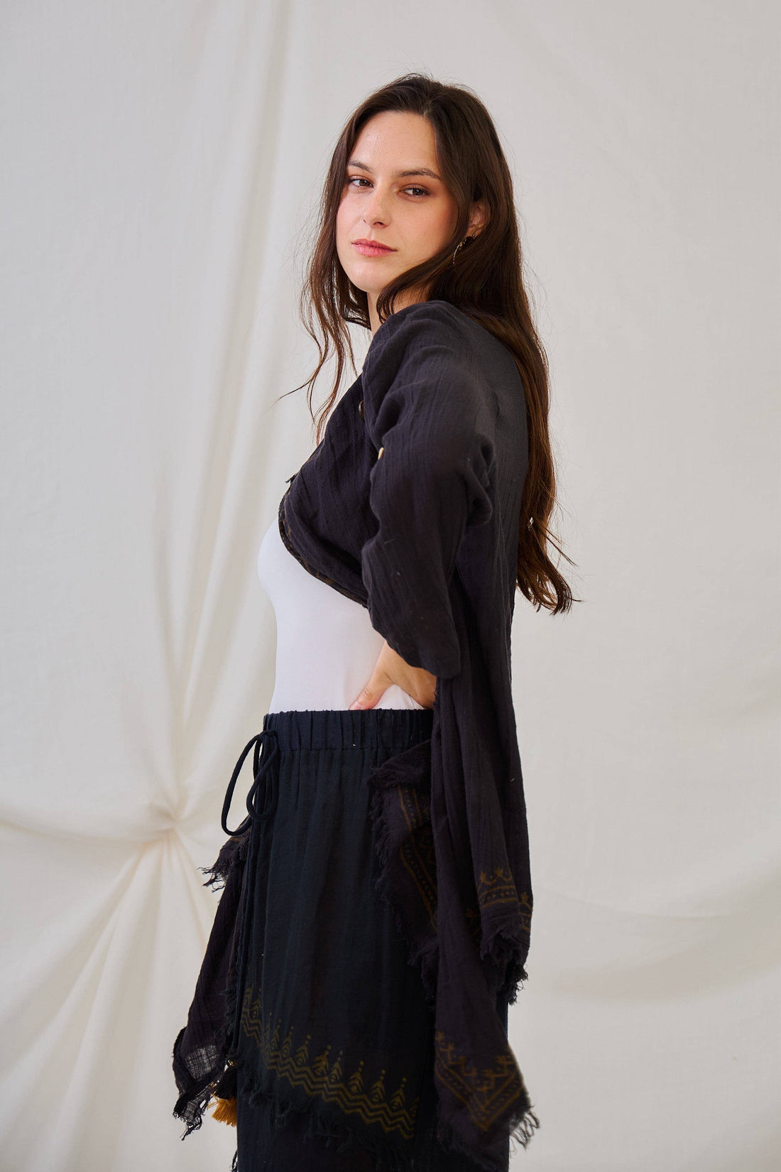 HENNA Linen look long sleeve cotton kimono - One Size