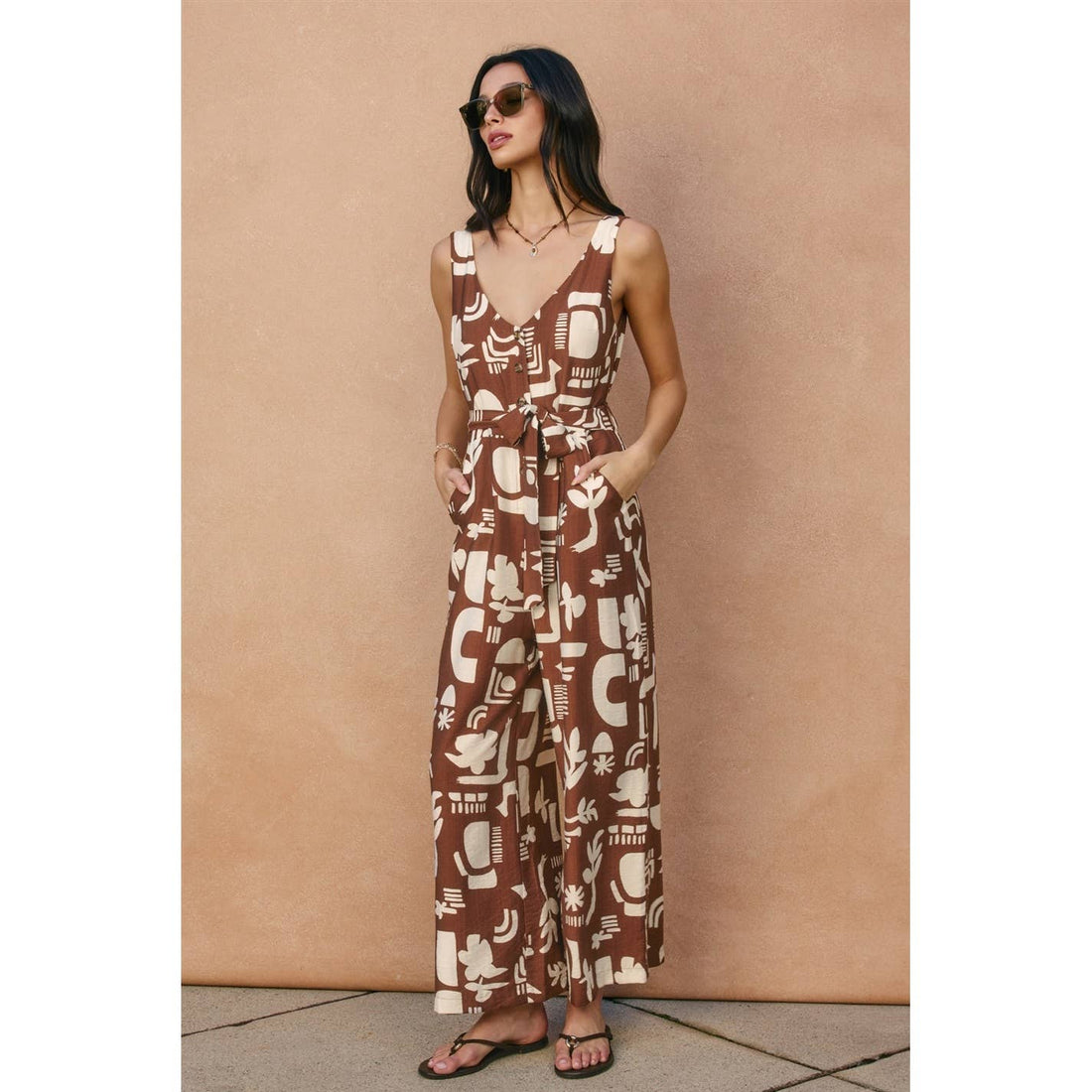 Sun & Clay Button Down Sash Belt Jumpsuit