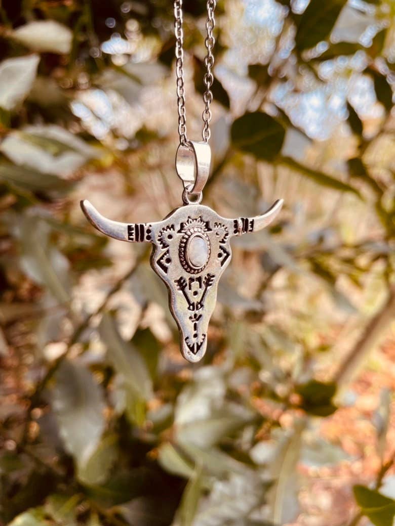 RANCH Silver Cow Head Necklace with Moonstone on Stainless Steel Chain