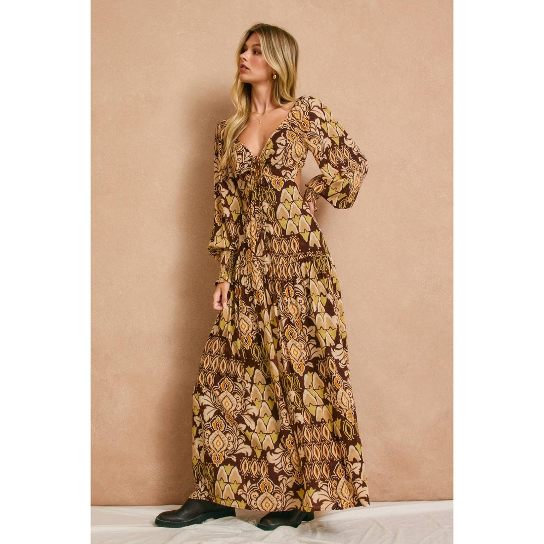 Stone Ember Keyhole Long Sleeve Maxi Dress