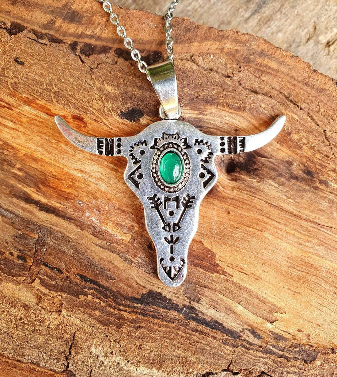 RANCH Silver Pendant Cow Necklace with Green Onyx Stone, Stainless Steel Chain