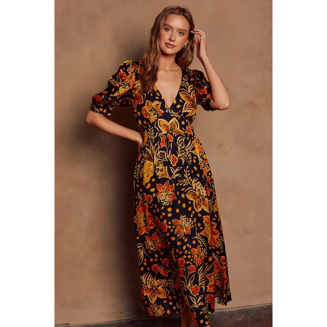 Heavenly Surplice Slit Maxi Dress in Floral Sunset Print