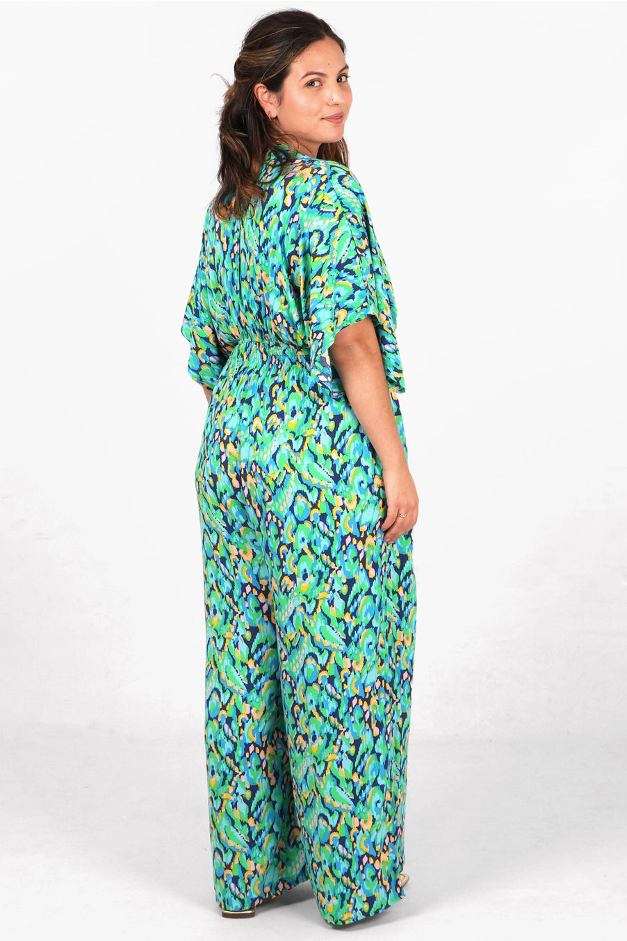 Lula Abstract Print Kimono Style Jumpsuit in Blue & Green