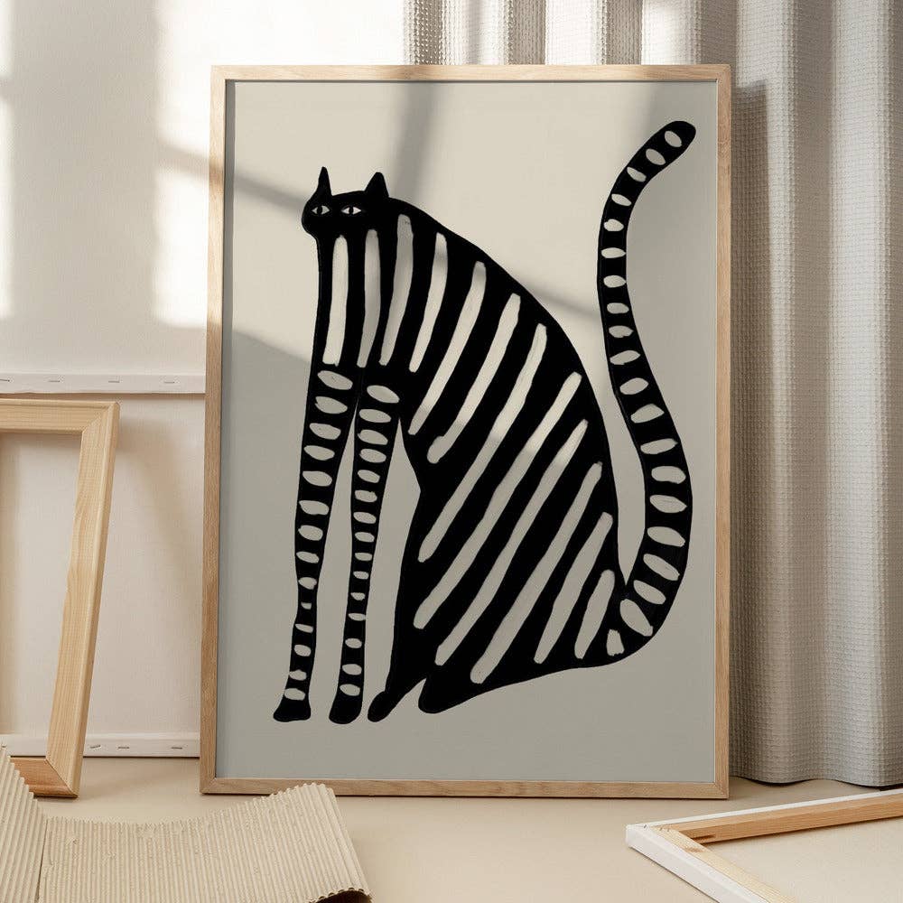 Striped Black Cat Art Print - Naive Decor