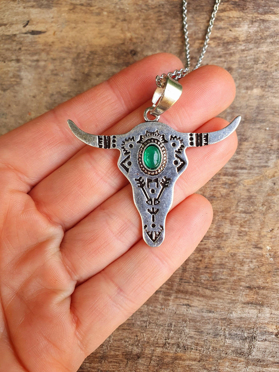 RANCH Silver Pendant Cow Necklace with Green Onyx Stone, Stainless Steel Chain