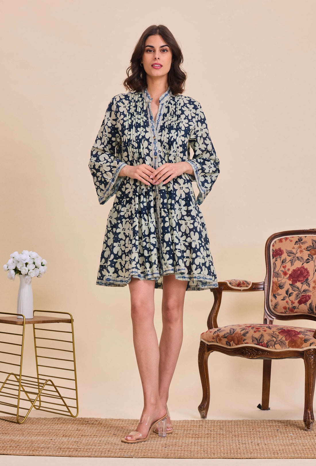 SHELLIE A-line short cotton dress in Blue Buca print
