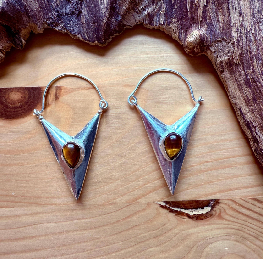 LEO Tiger's Eye Silver Triangle Earrings
