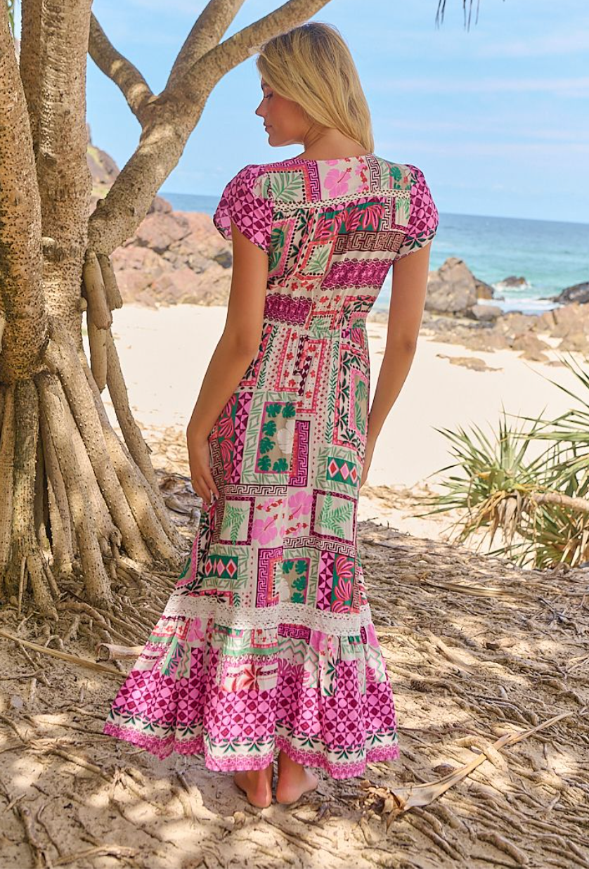 Jaase Carmen Boho Maxi Dress in Pink Patchwork Aelia Print