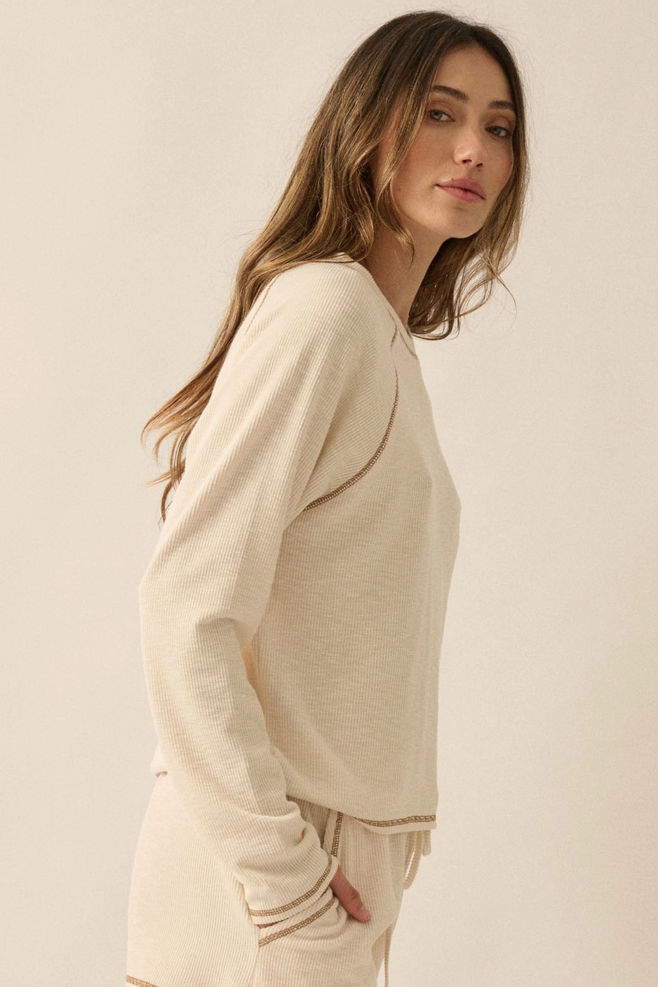 TINA Reverse Seam Raglan Sleeve Cotton Mix Top in Cream