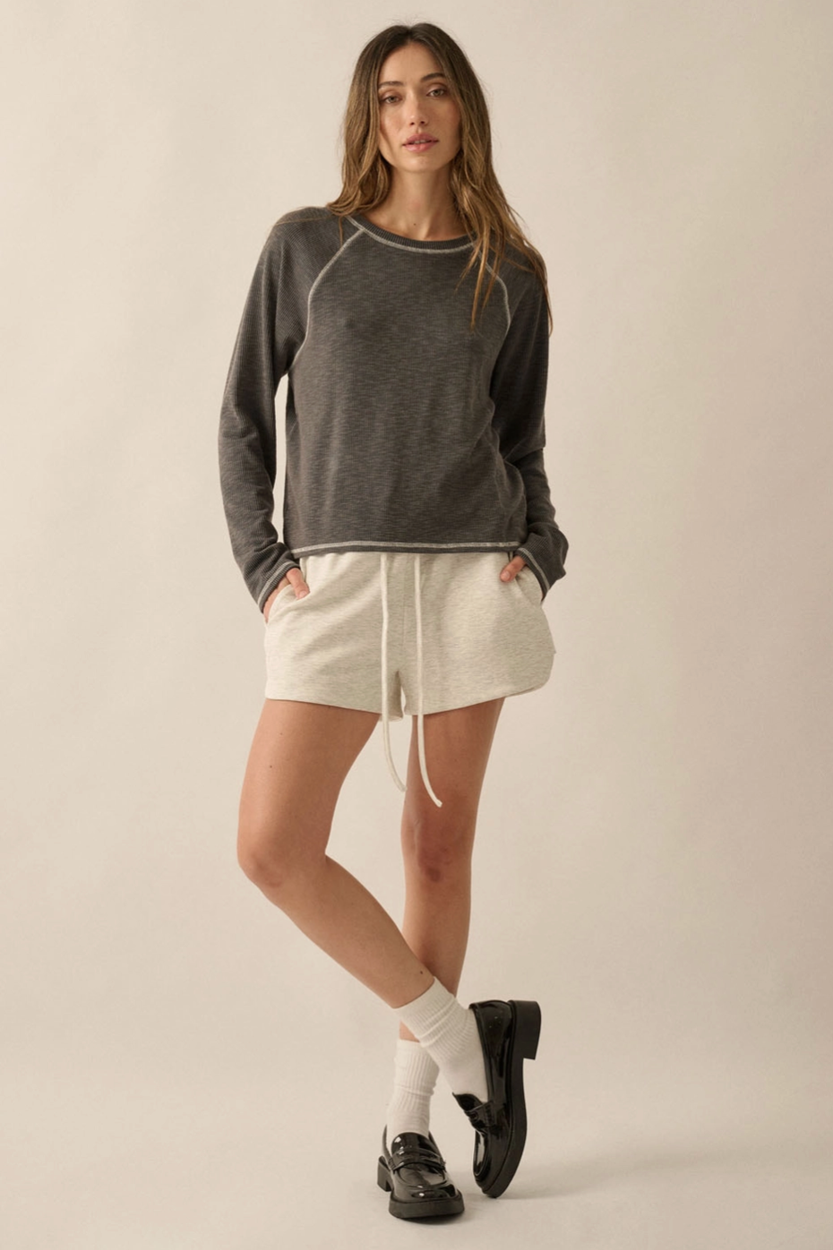 TINA Reverse Seam Raglan Sleeve Cotton Mix Top in Grey