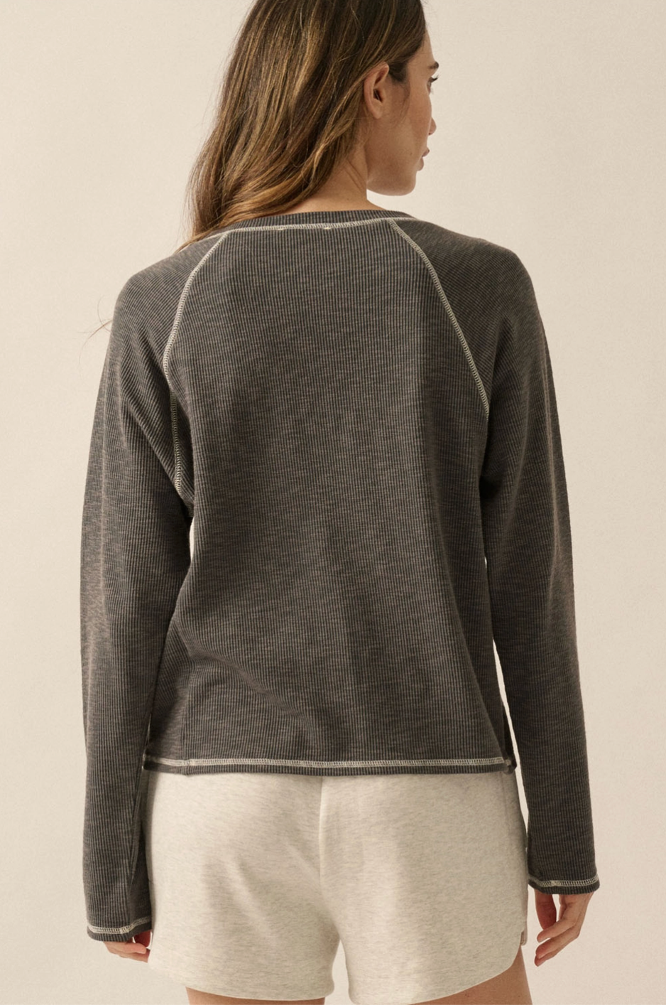 TINA Reverse Seam Raglan Sleeve Cotton Mix Top in Grey