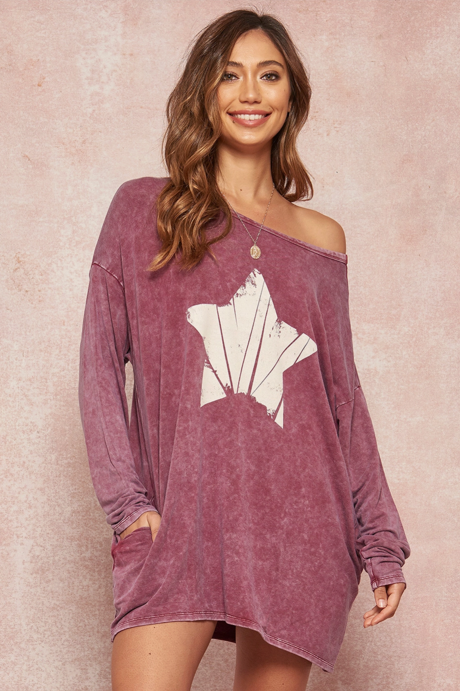 TIBBA Star Graphic Long Sleeve Mini Dress Tunic in Washed Violet