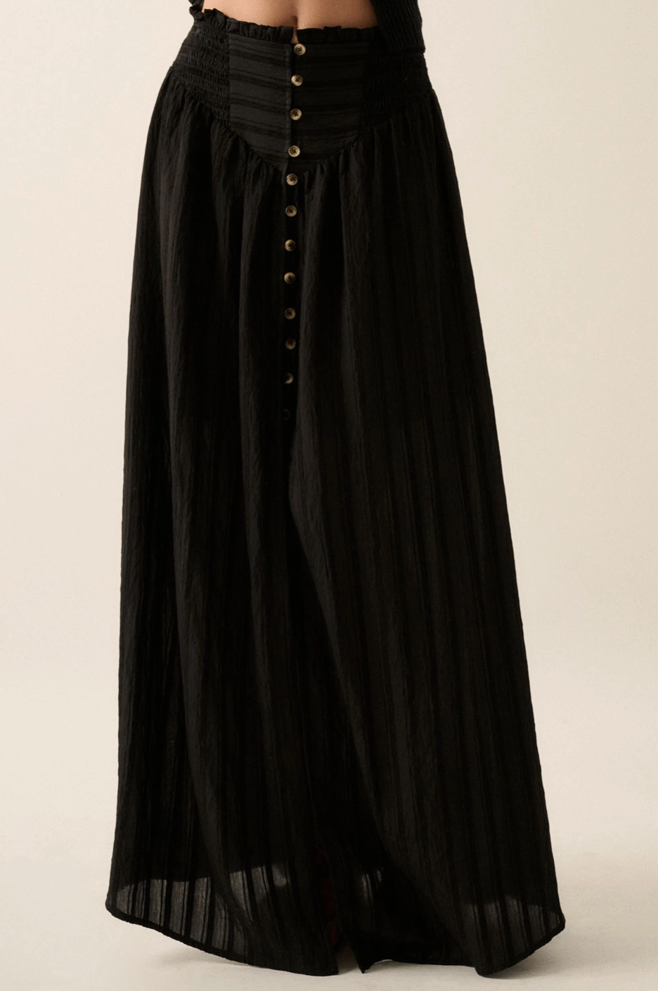 ABEL Smocked Button Down Split Maxi Skirt in Black