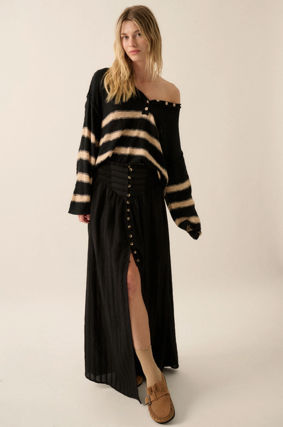 ABEL Smocked Button Down Split Maxi Skirt in Black