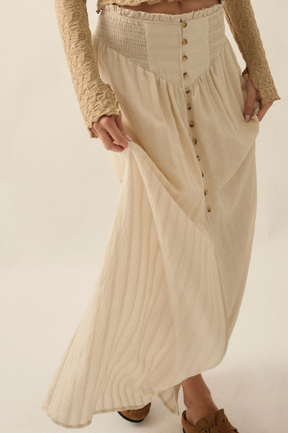 ABEL Smocked Button Down Split Maxi Skirt in Cream