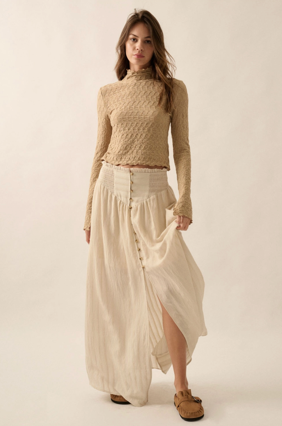 ABEL Smocked Button Down Split Maxi Skirt in Cream