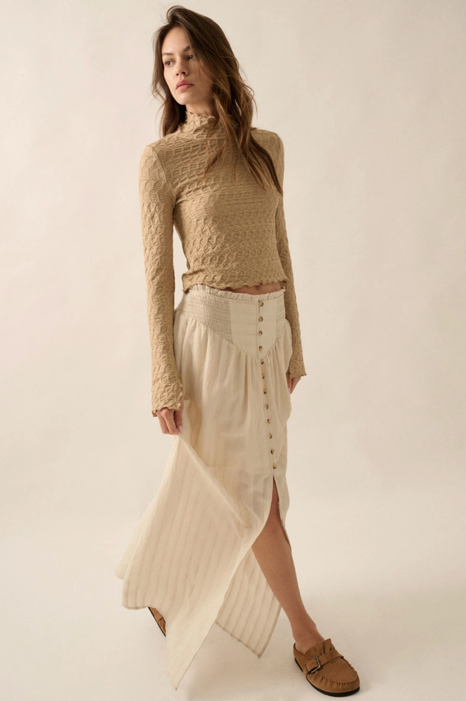 ABEL Smocked Button Down Split Maxi Skirt in Cream