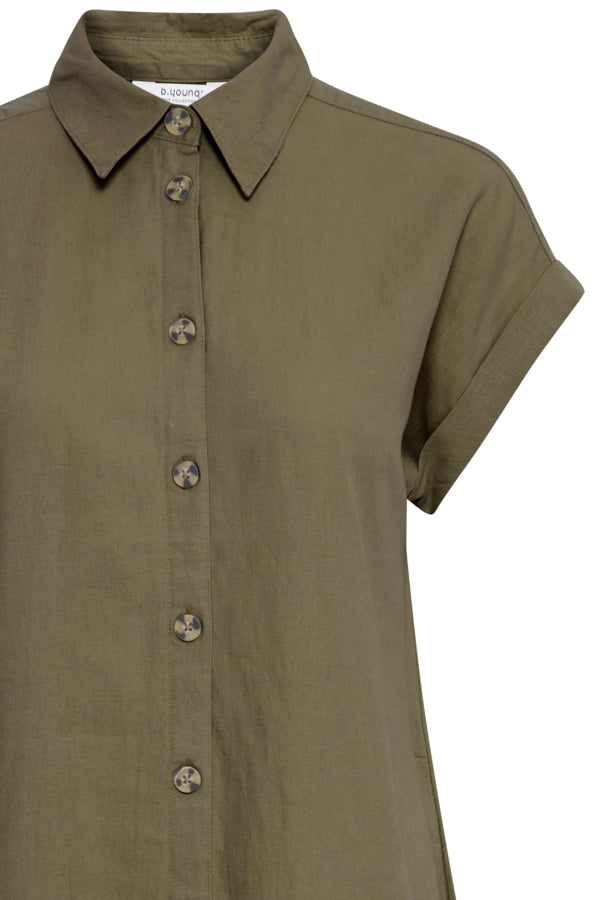 FALAKKA Linen Shirt Dress in Khaki Olive Green